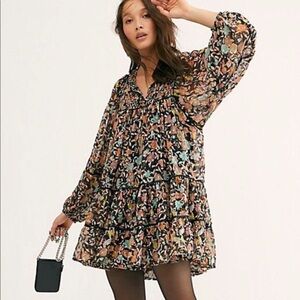 Free People “Free Swinging Mini Dress” baby doll dress flare balloon sleeve SZ M